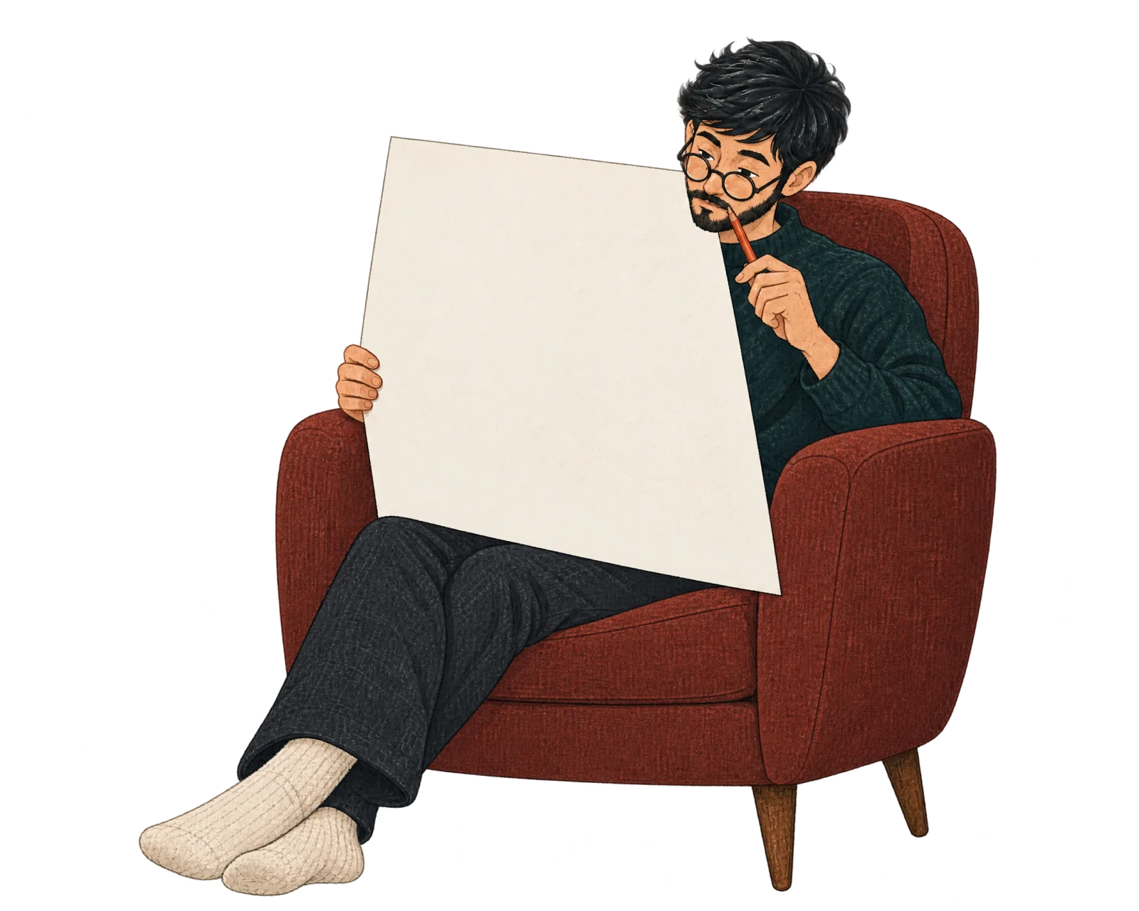The analyst, sunk into a rust armchair with his socked feet up, a red pencil at his cheek, reading a large page of handwriting.
